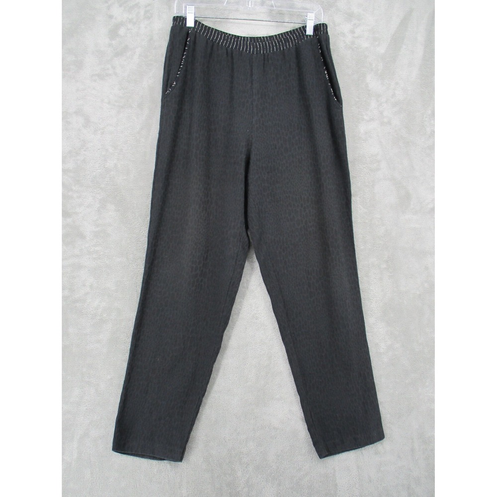 Vintage KD Spring Pants Womens Size M Animal Print Linen Blend Relaxed Black